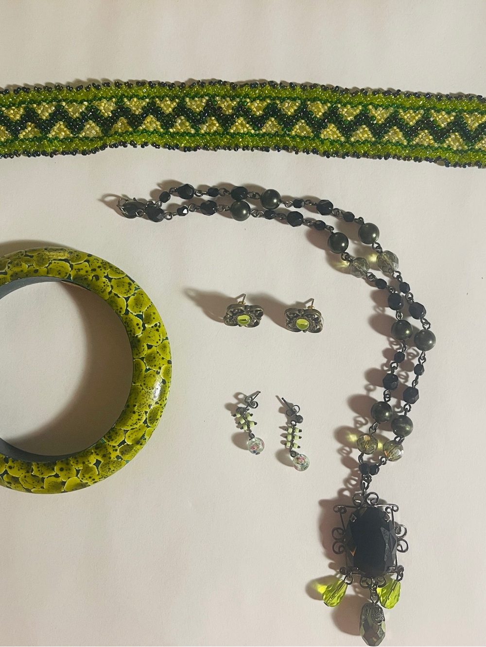 Jay Strongwater Green Beaded Choker and Black Pendant Necklace Set